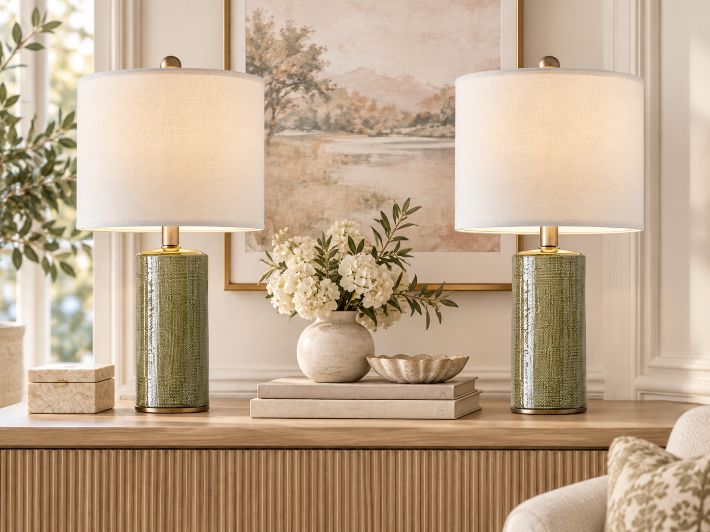 Pair of sage green ceramic table lamps styled on a warm wood console with neutral artwork and flowers.