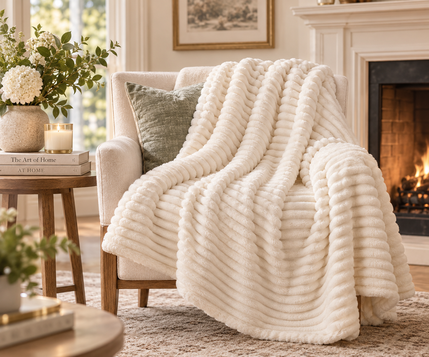 Cream ribbed fleece throw blanket draped over a chair in a cozy neutral living room