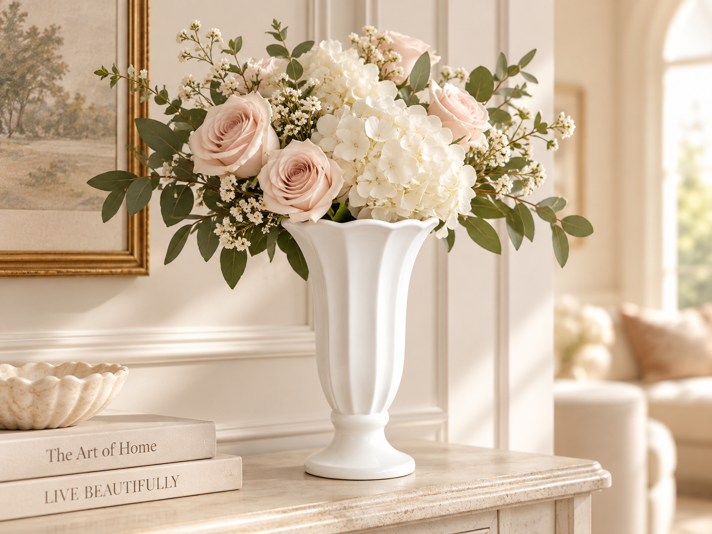 White fluted ceramic pedestal vase styled with flowers in a bright, elegant interior setting.