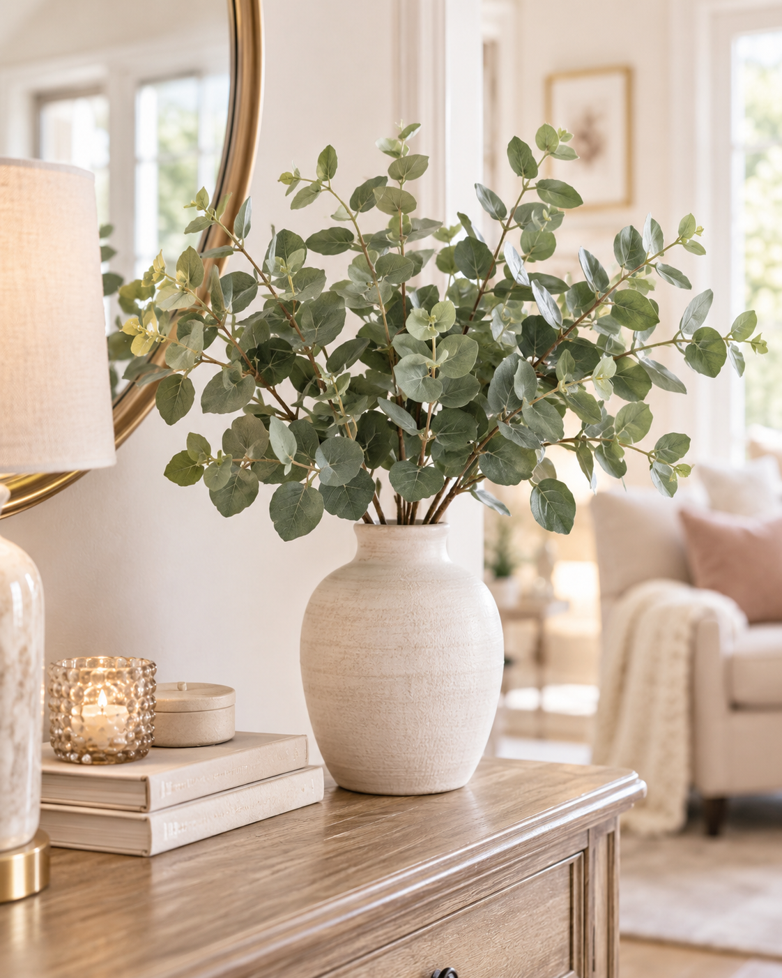 Sage green artificial eucalyptus stems arranged in a neutral ceramic vase in an elegant cream-toned living room.