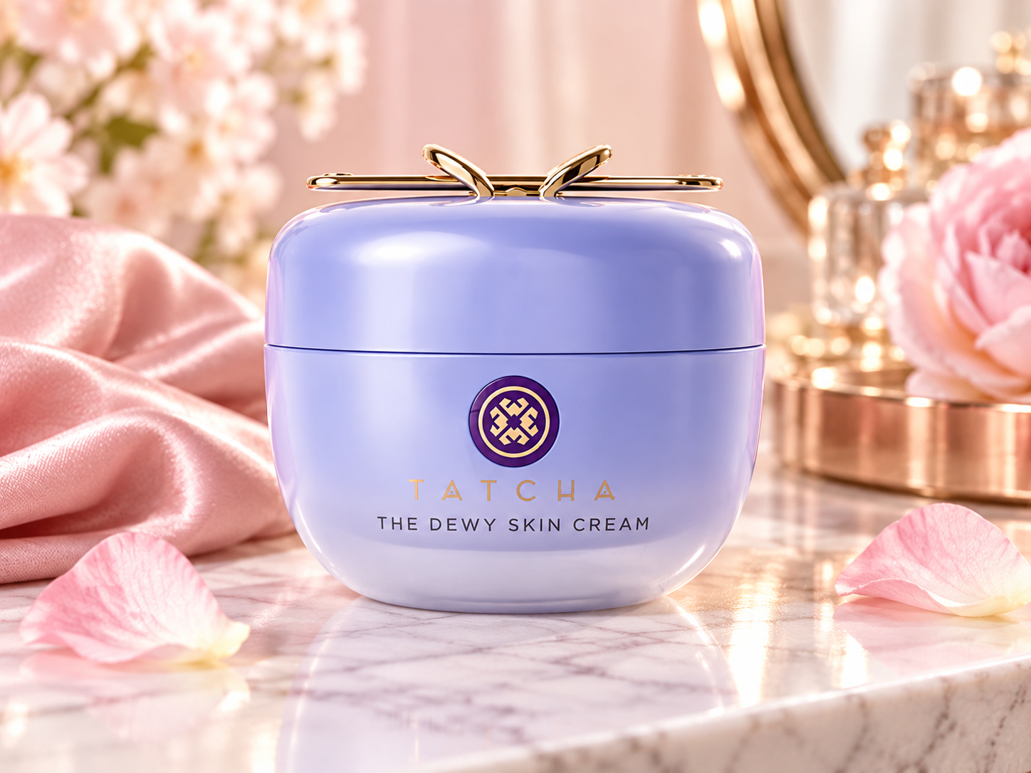 TATCHA The Dewy Skin Cream displayed in an elegant pastel beauty scene with soft floral details.