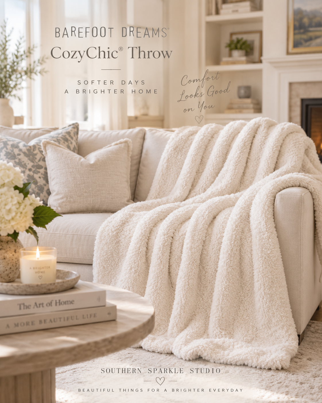 Barefoot Dreams CozyChic throw styled in an elegant neutral living room.