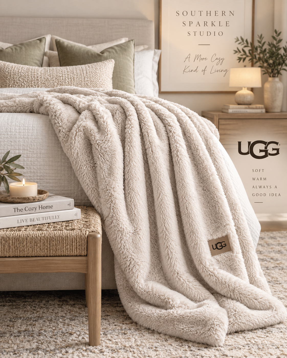 Cream UGG-style plush throw blanket in a warm neutral bedroom.