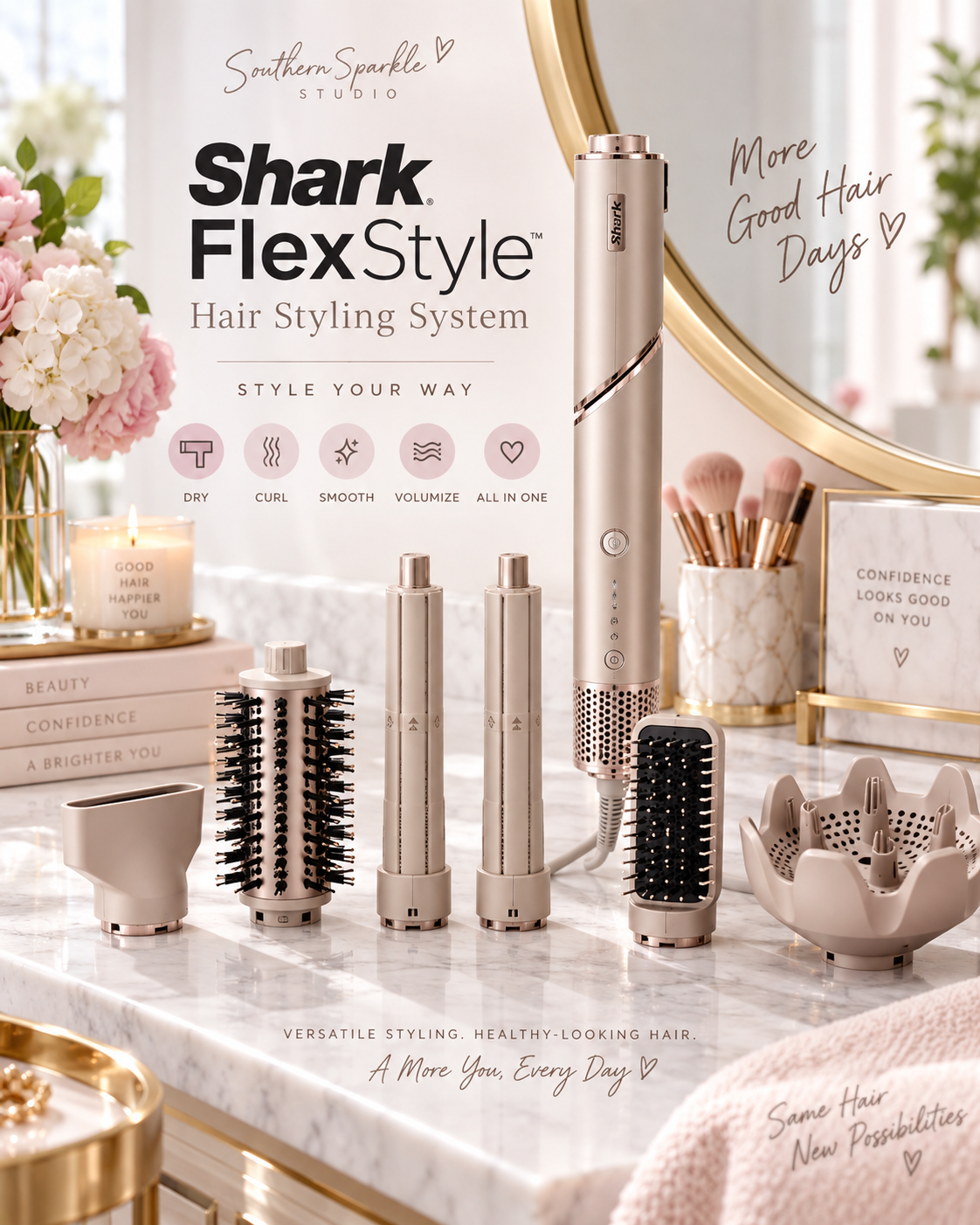 Shark FlexStyle hair styling system displayed on an elegant beauty vanity.