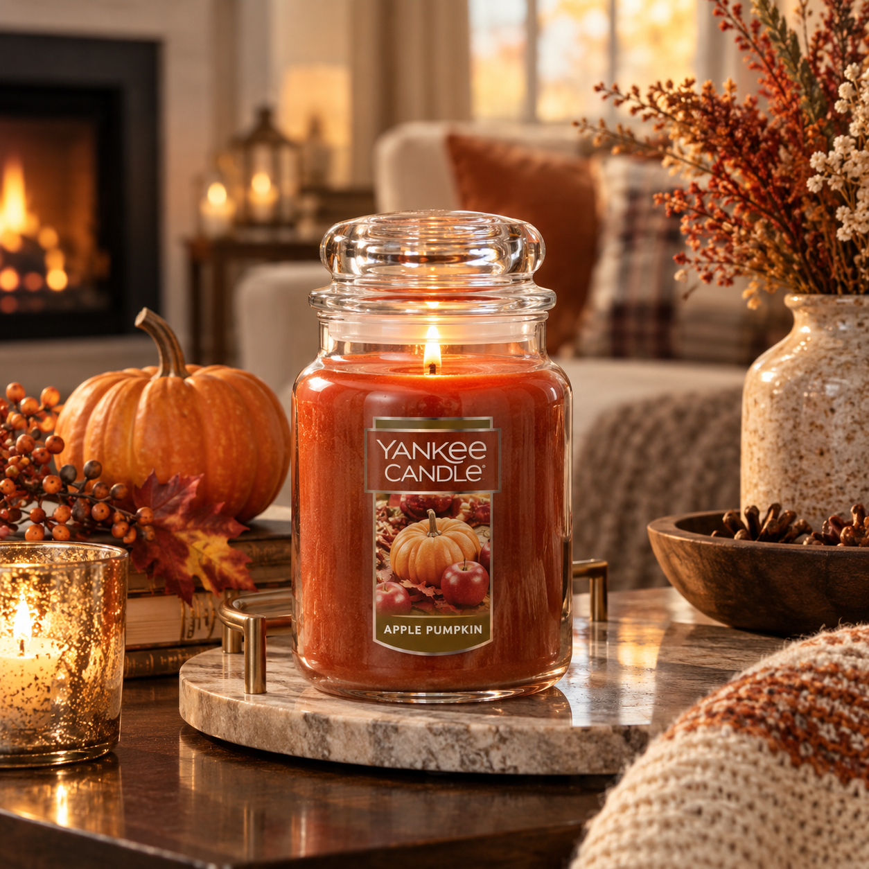 Yankee Candle Apple Pumpkin large jar candle styled in a warm, elegant fall home setting.