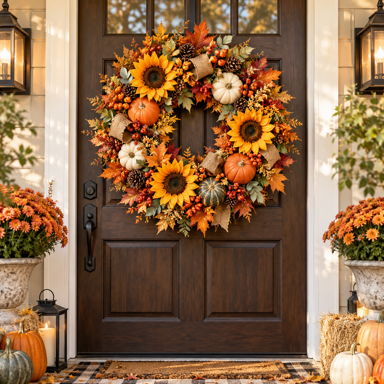 Elegant autumn front-door wreath with sunflowers, pumpkins and warm fall foliage.
