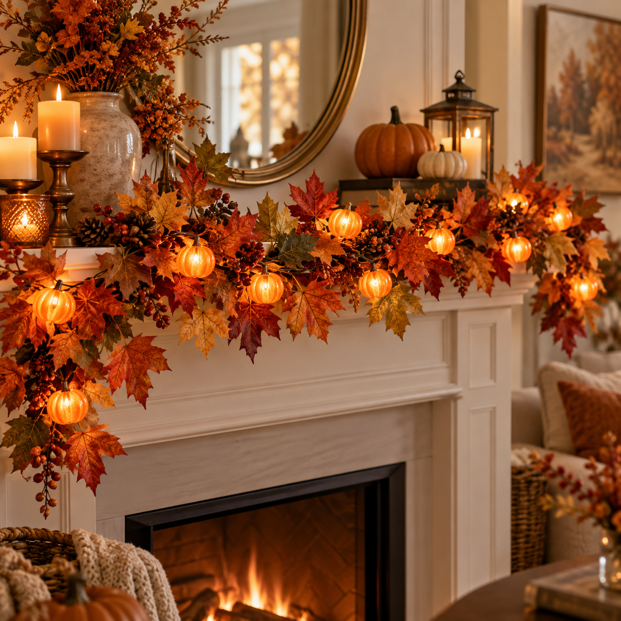 Warm illuminated fall garland with maple leaves and pumpkin lights arranged across an elegant mantel.