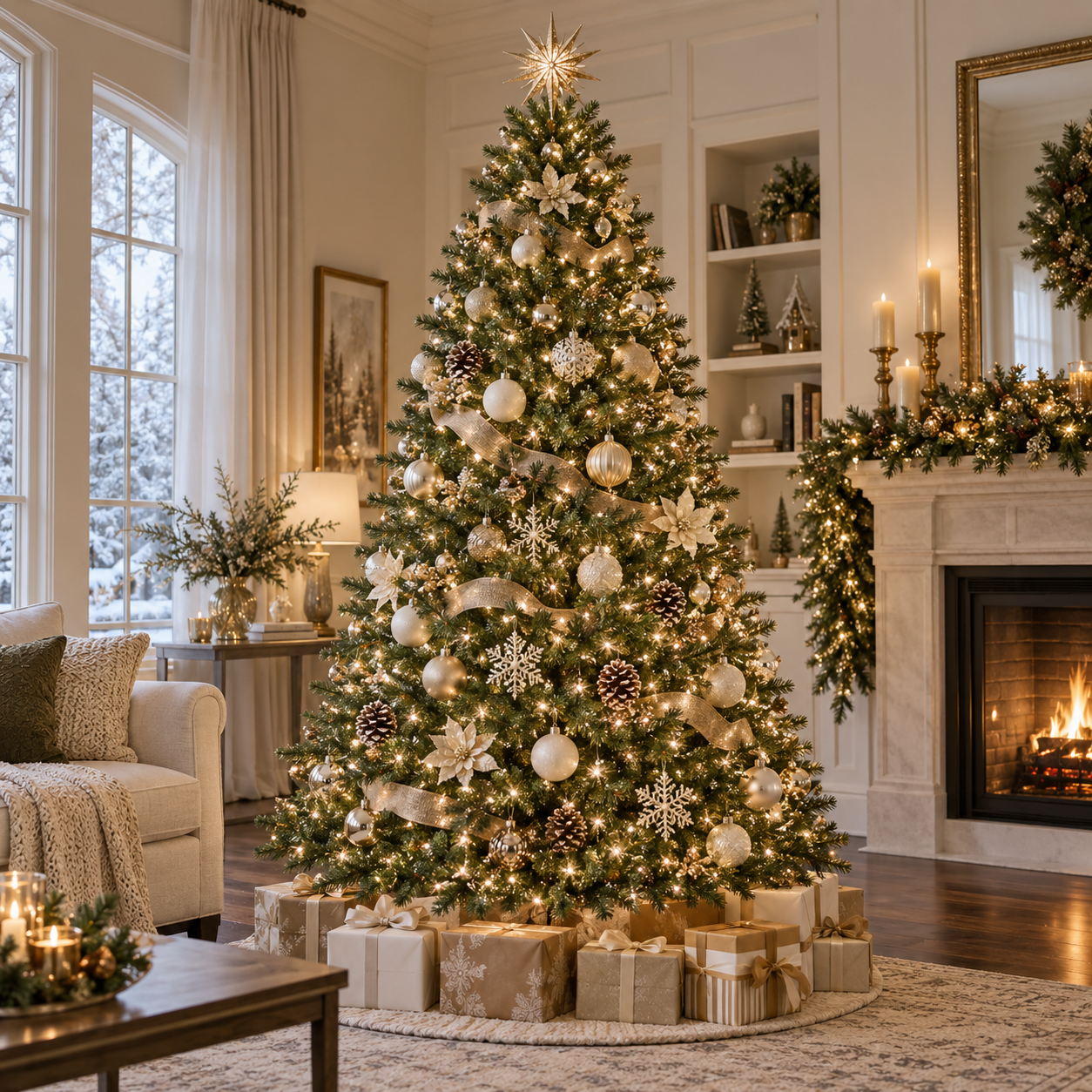 Full pre-lit 7.5-foot Christmas tree styled in an elegant Southern Sparkle Studio holiday living room.