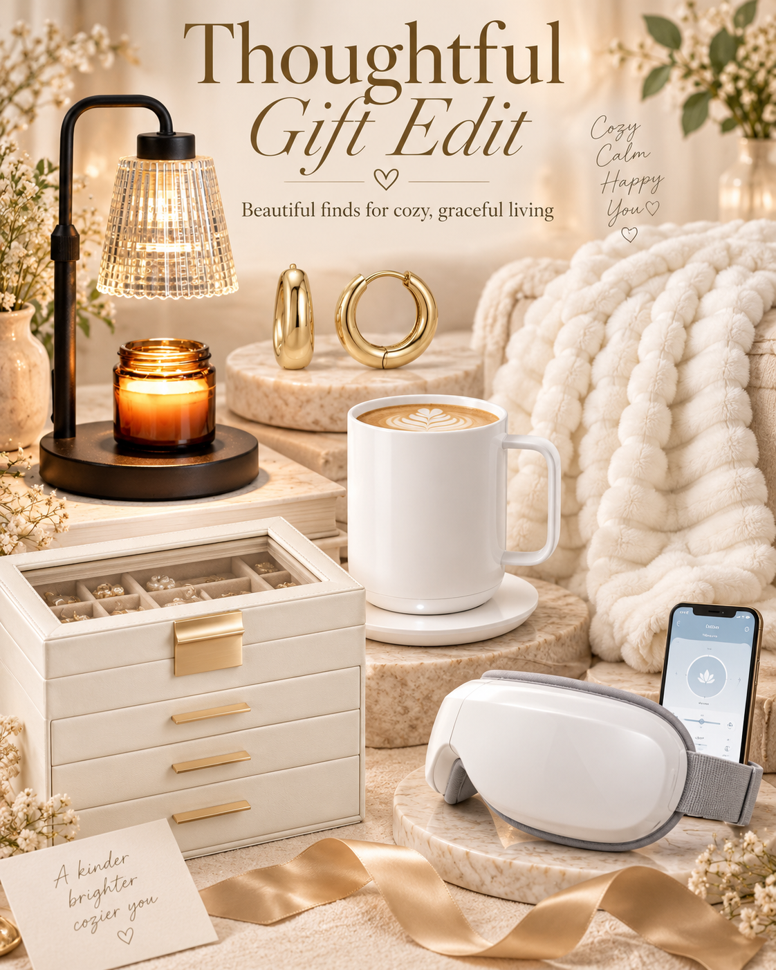 Elegant neutral gift guide featuring a candle warmer lamp, gold hoop earrings, white smart mug, plush off-white throw blanket, white and gold jewelry box, and white eye massager.
