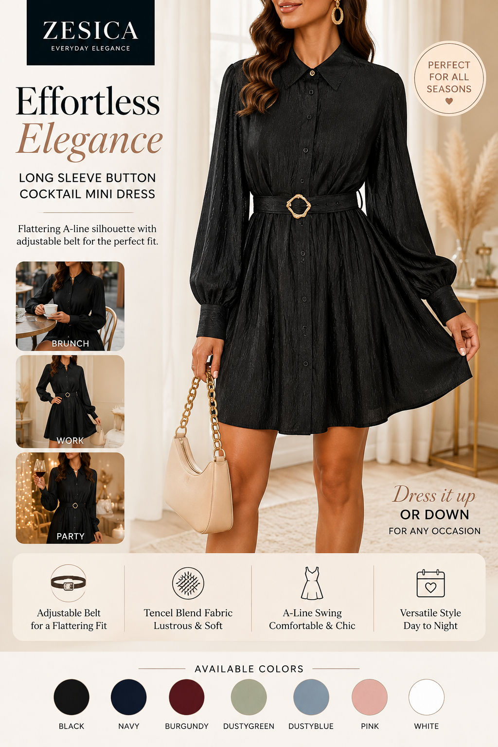 Woman wearing a black ZESICA long-sleeve button-down belted A-line mini dress styled for an elegant