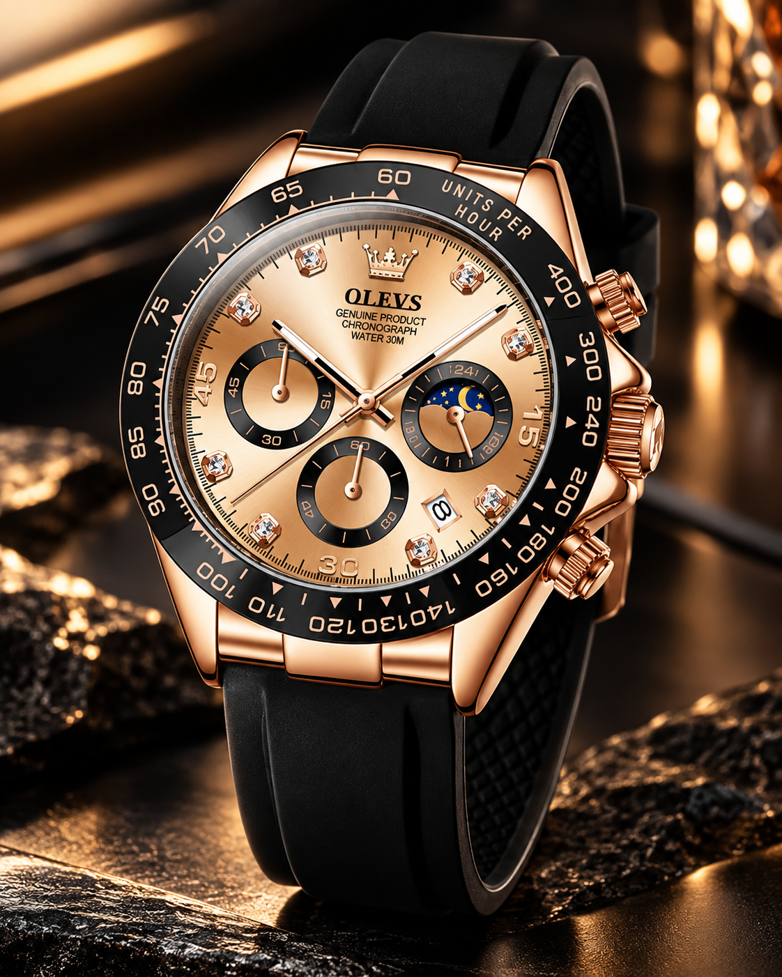 OLEVS Men Analog Quartz Waterproof Watches Multifunction Chronograph Diamond Moon Phase Luminous Silicone Band Wrist Watches