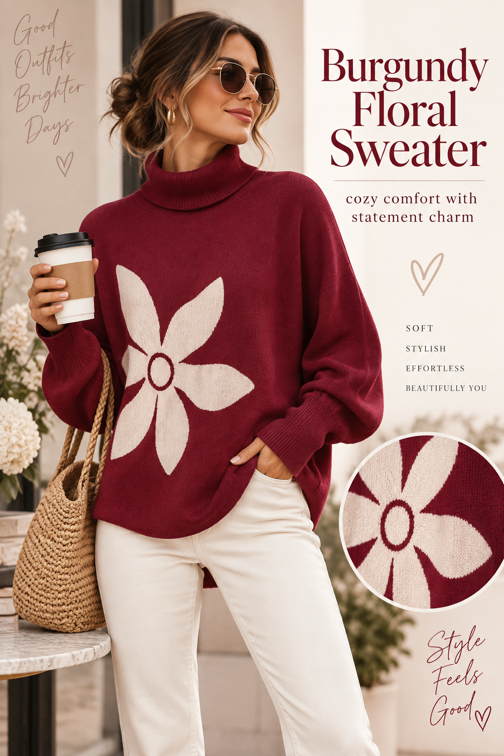 Embrace the charm of this oversized floral turtleneck sweater perfect for a cozy day out. #fallfashion #sweaterstyle