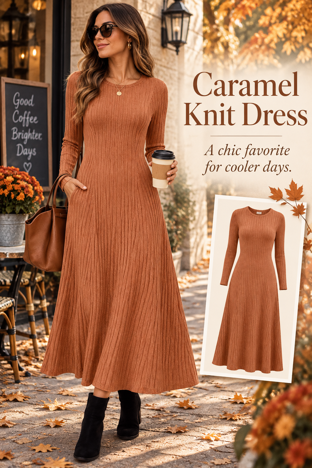 Snuggle up in this cozy caramel knit dress perfect for fall! Soft, comfy, and stylish. #fallfashion #knitdress