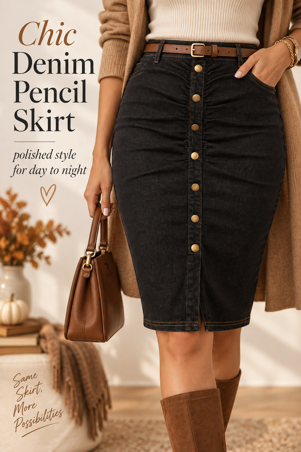 Discover the perfect skirt for day or night with this chic denim pencil skirt. Versatile and stylish, it's a must-have addition to your wardrobe. #denimlove #fashionfinds