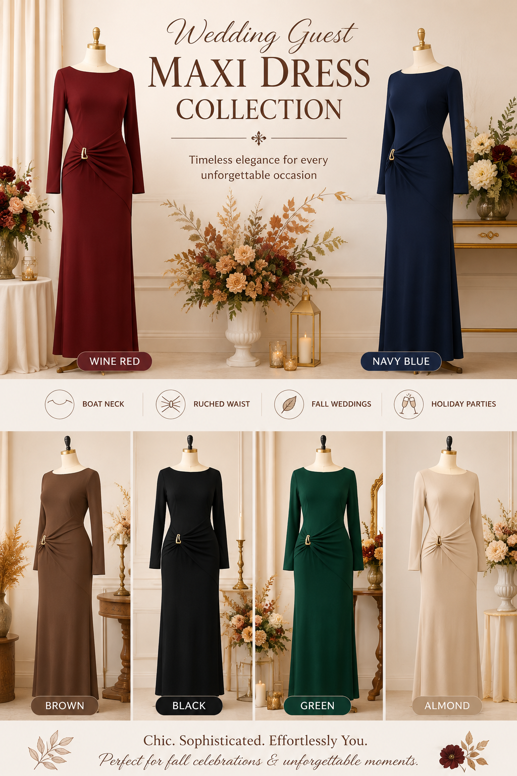 Dress up in style this fall with these chic, elegant maxi dresses! Perfect for every celebration. #fallfashion #weddingguestdress