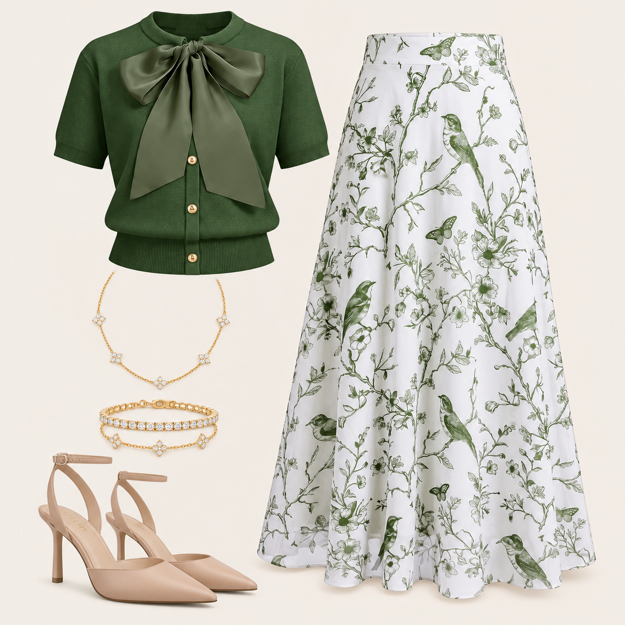 Elevate your style with this chic bow cardigan and floral midi skirt. Perfect for a stylish, effortless look! #springstyle #fashionvibes