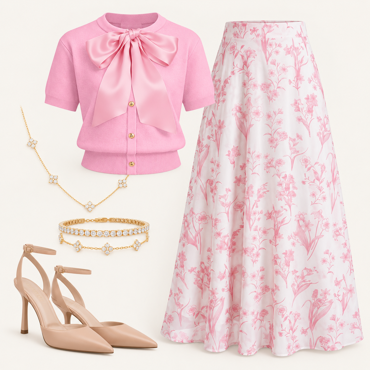 Elevate your look with a satin bow cardigan and a floral ruffle skirt. Perfect for a chic and effortless outfit. #fashion #style